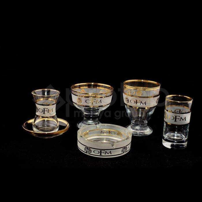 Altın Yaldızlı Logolu 6 Çay, Su ve Nektar Bardağı, 1 Şekerlik, 1 Kül Tablası