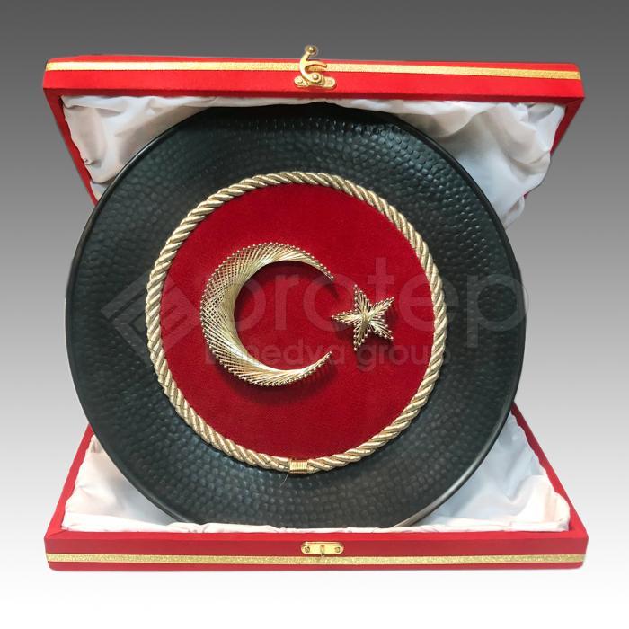 Türk Bayrak Kadife Üzeri Filografi Siyah Bakır Tabak Plaket