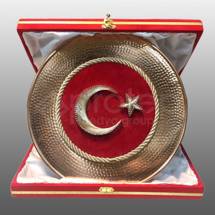Türk Bayrak Kadife Üzeri Filografi Gold Bakır Tabak Plaket