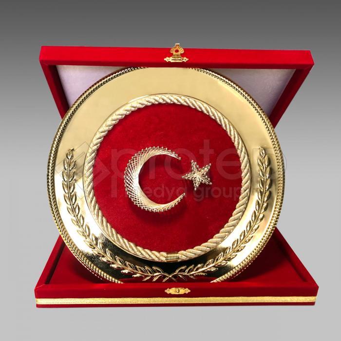 Ay Yıldız Türk Bayrak Filografi Hat Sanatı Gold Tabak Plaket