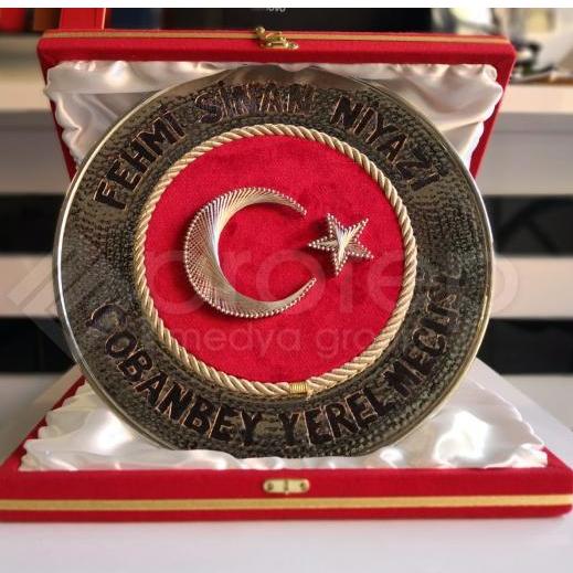 Ayyıldız Kadife Üzeri Filografi Bakır Tabak Plaket
