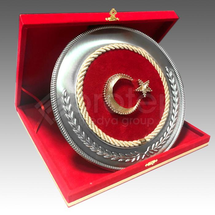 Ay Yıldız Türk Bayrak Filografi Hat Sanatı Gümüş Tabak Plaket