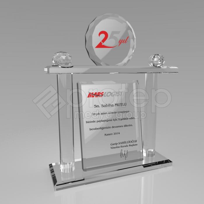 Hizmet Yılı Anısı Sütunlu Şeffaf Kristal Plaket