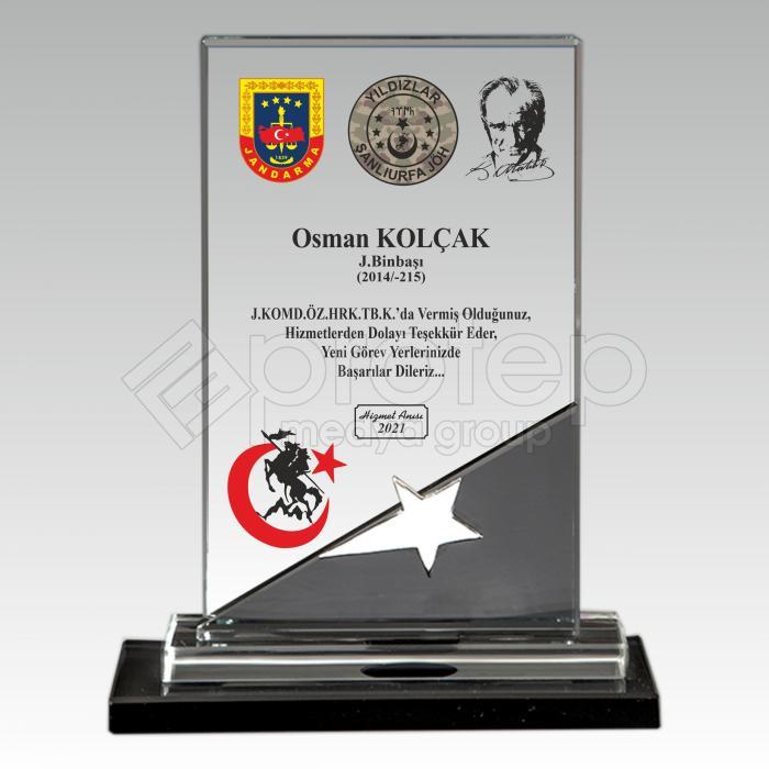 Askeri Hizmet Anısı Yıldızlı Kristal Cam Şilt Plaket