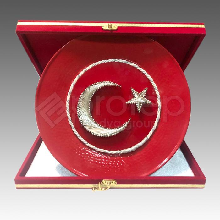 Türk Bayrak Kadife Üzeri Filografi Bakır Tabak Plaket