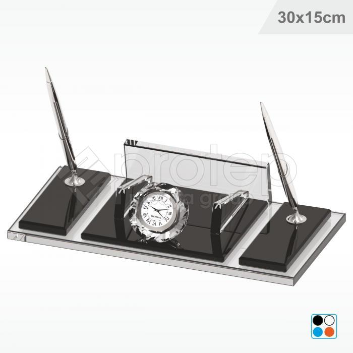 Kristal Şeffaf Siyah Cam Masa İsimliği Notluklu 15X30 cm