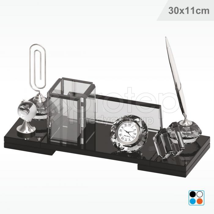 Kristal Cam Masa İsimliği Kalemlikli Dünya Figürlü 11X30 cm