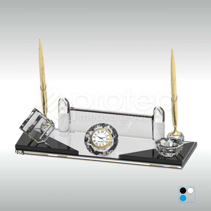 Kristal Masa İsimliği Çift Kalemli Şeffaf ve Siyah Cam 11X30 cm