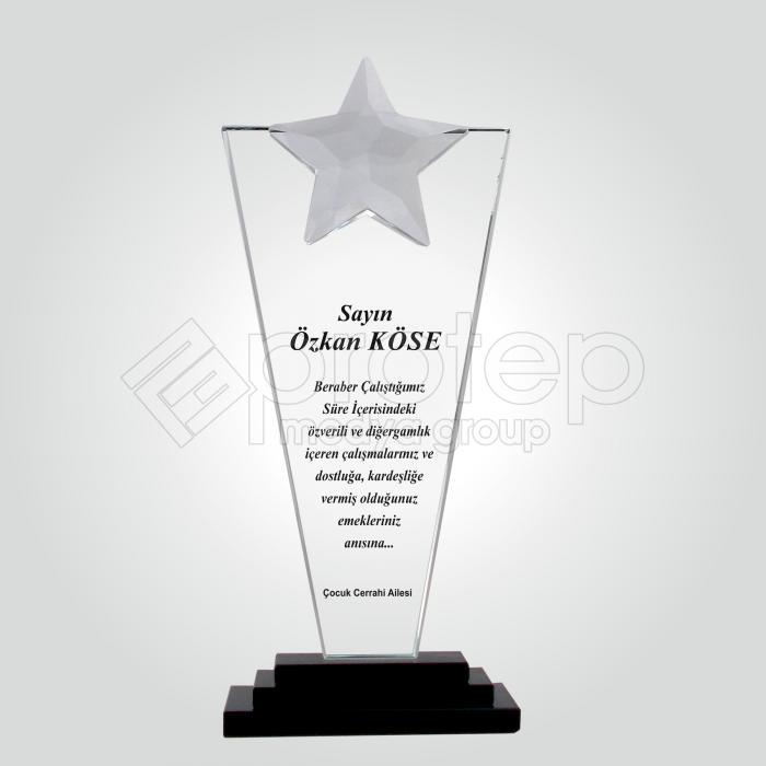 Yıldızlı Özel Cam Başarı ve Özveri Anısına Kristal Plaket