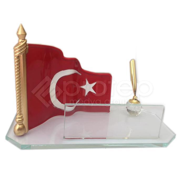 Türk Bayraklı Şeffaf Cam Masa İsimliği 18x26 cm
