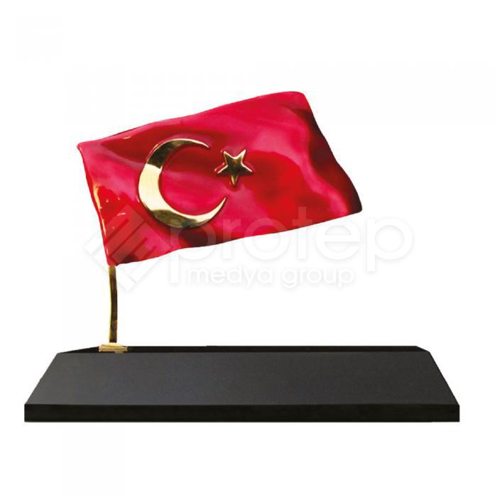 Türk Bayrağı Figürlü Ahşap Alt Kaideli Kristal Plaket