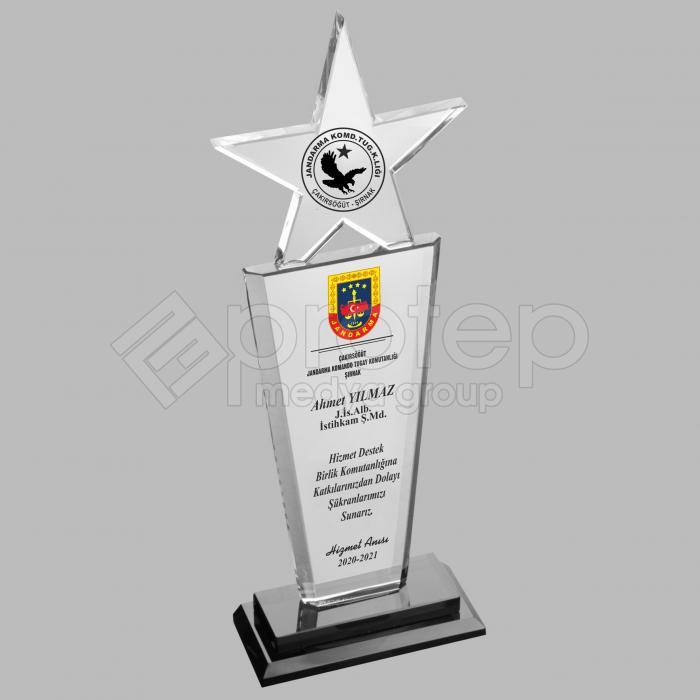 Askeri Hizmet Anısı Yıldızlı Kristal Cam Şilt Plaket